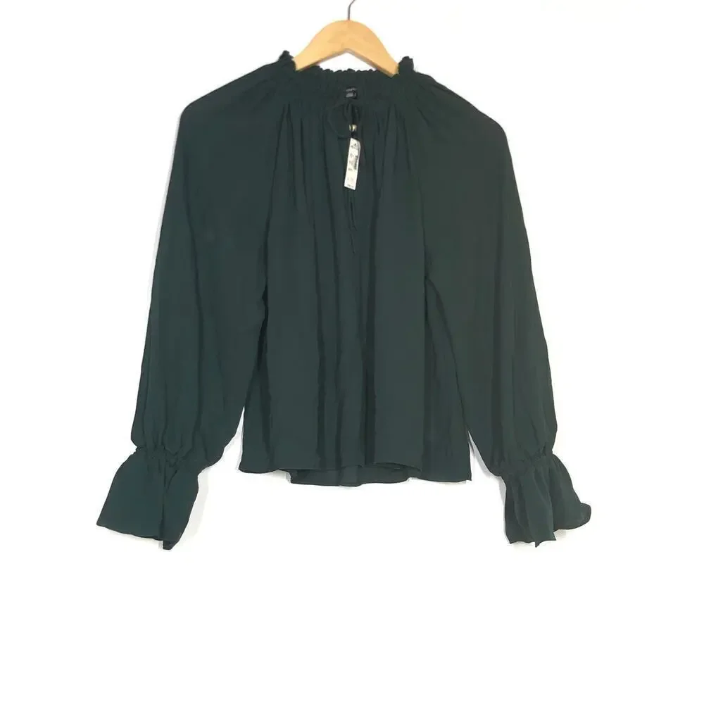 Madewell Top Long Sleeve Tie Neck Peasant Blouse Luxury Forest Green NWT XS
